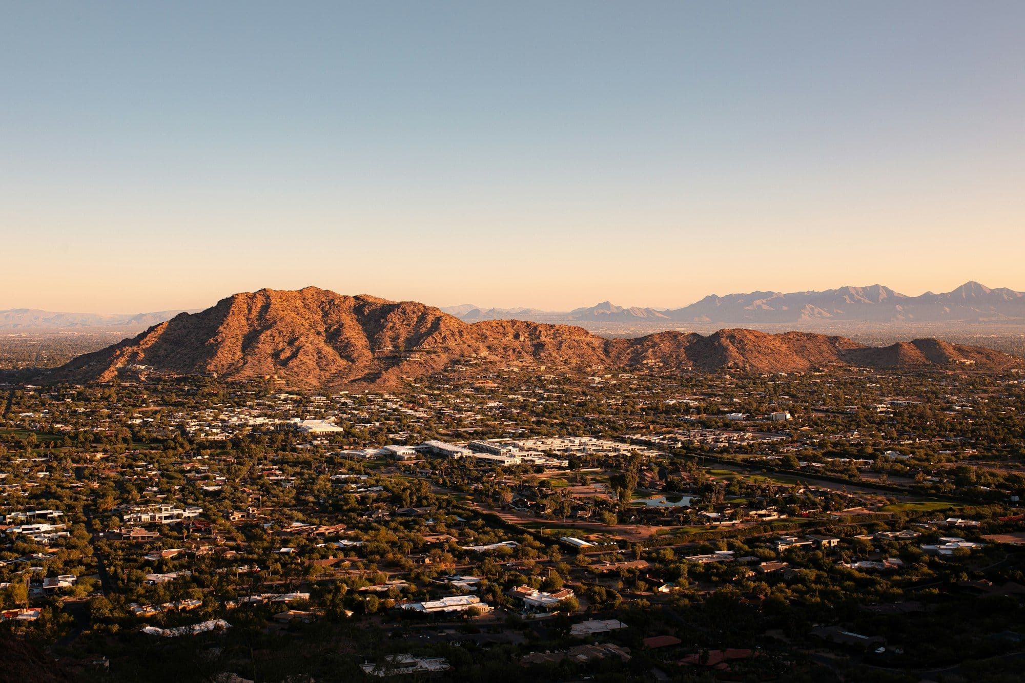The Phoenix valley at golden hour, with Camelback Mountain in the distance